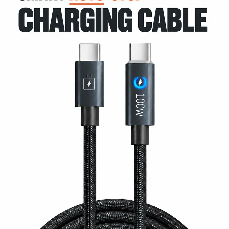 Smart Auto-Stop Charging Cable, 100W USB-C Fast Charging Cable, 5FT Braided Cord with LED, Data Sync, Auto Protection Cycle for Overnight/Extended Charging, Compatible with iPhone 17/16/15, Samsung Galaxy, Pixel, Tablets & Laptops (TikTok Shop SohoChic）