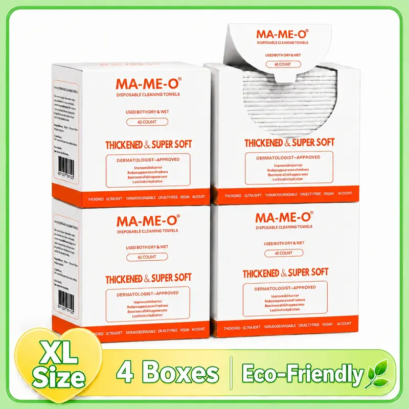 sohochic Disposable Facial Cleansing Wipes - 160 Count (4 Boxes, 40 per Box), XL Size, Ultra Soft Gentle Thick Compostable Eco-friendly Toss Towels, Chemical-Free for Sensitive Skin Adults, Cosmetic Makeup Remover Bathroom Home Supplies