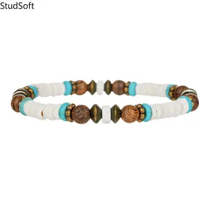2026 New Boho Surfer Bracelet for Men & Women, White Shell & Wood Bead Bracelet, Turquoise Accent Beach Jewelry for Daily Wear