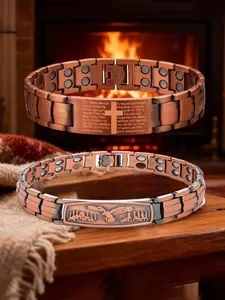 2 Pcs Couple Copper Magnetic Relief Bracelet Set, Unisex Magnet Design, Cross Pattern Chain, Healing Jewelry Gift, Ideal for Couples