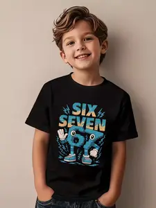 Robot Six Seven Print Boys' Casual Short Sleeve T-Shirt, Fitted Round Neck Sportswear, Humorous Gift for Brothers, All Seasons