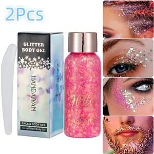 HANDAIYAN 2Pcs Liquid Glitter Colorful  Mermaid Sequins Eyeshadow Glitter Body Gel Festival Glitter Cosmetic Face Hair Nails Makeup Long Lasting Sparklin Chunky Suitable For Carnival Parties, Stage Ceremonies, Festival Celebrations Highlighting Powder