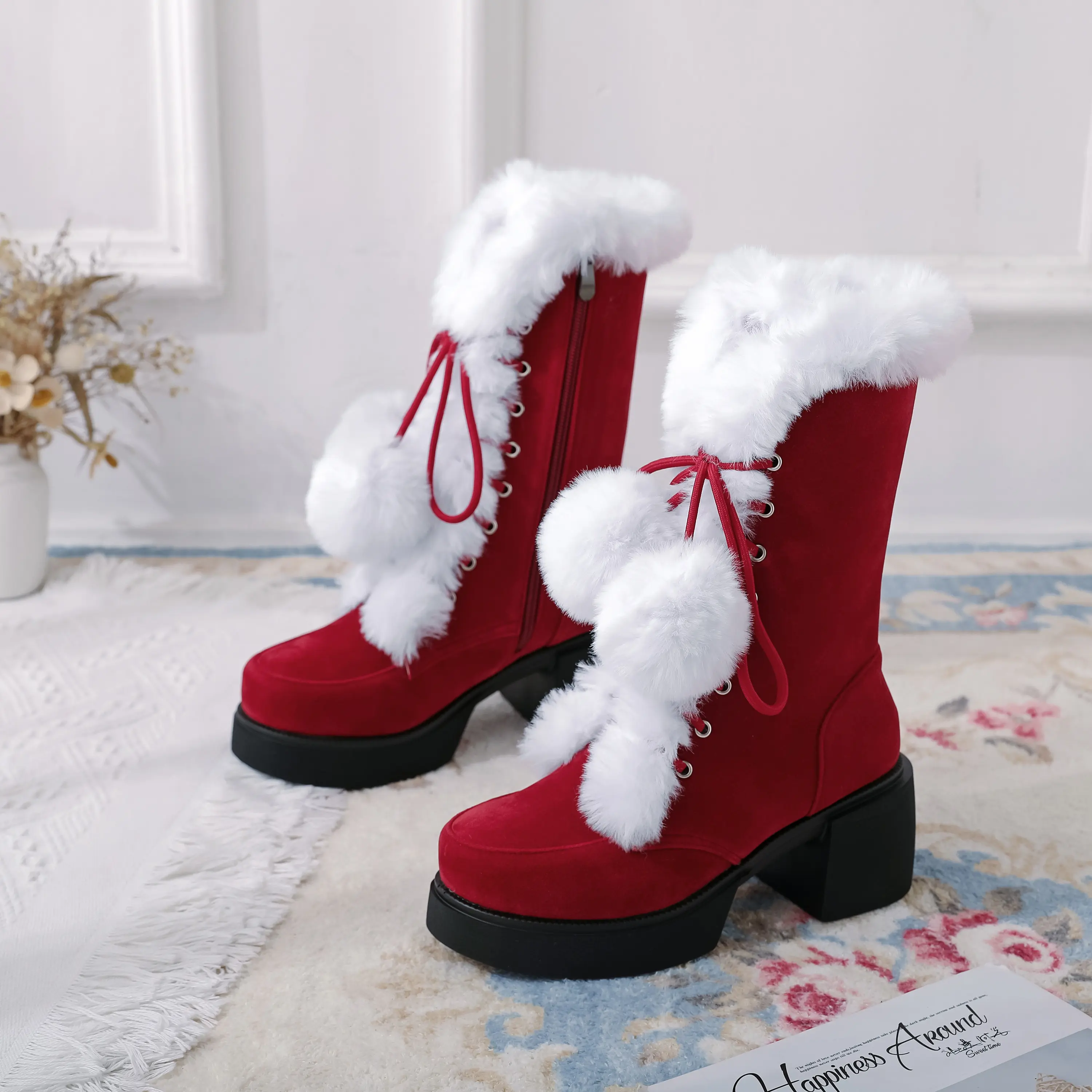 Christmas Magic Style Boots - Red Faux Fur High-Heeled Winter Boots for Women Cozy Plush Lining Non-Slip Soles Perfect for Holiday Shopping & Everyday Wear