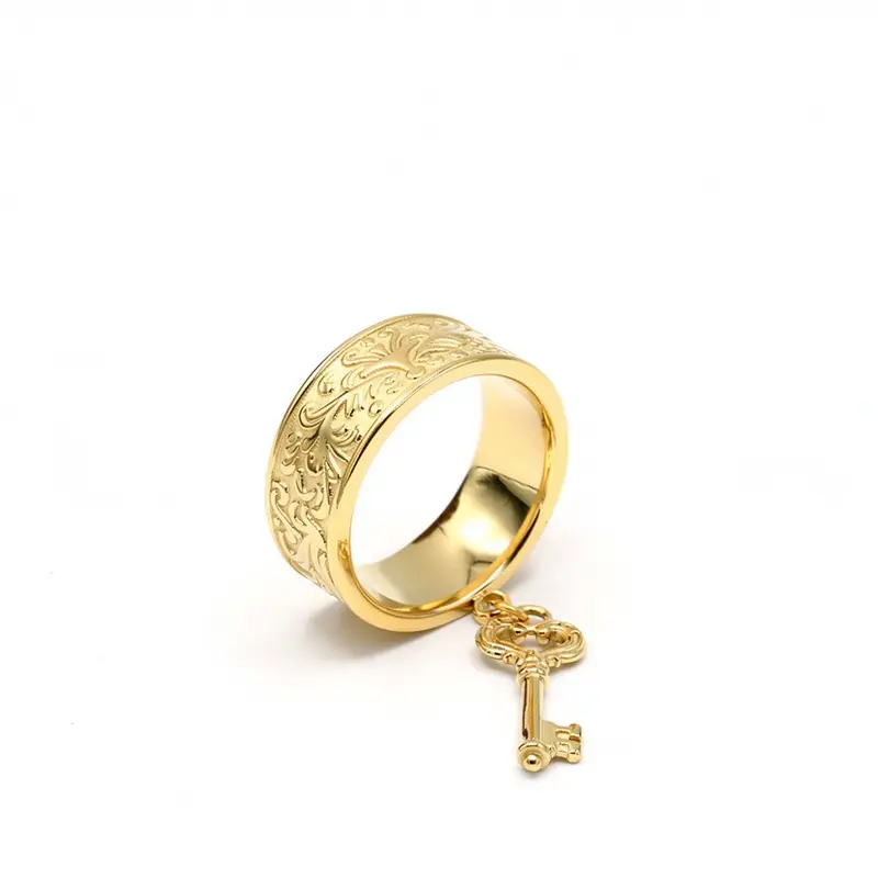 Gold Key Ring with Intricate Engraving and Key Charm for Stylish Accessory