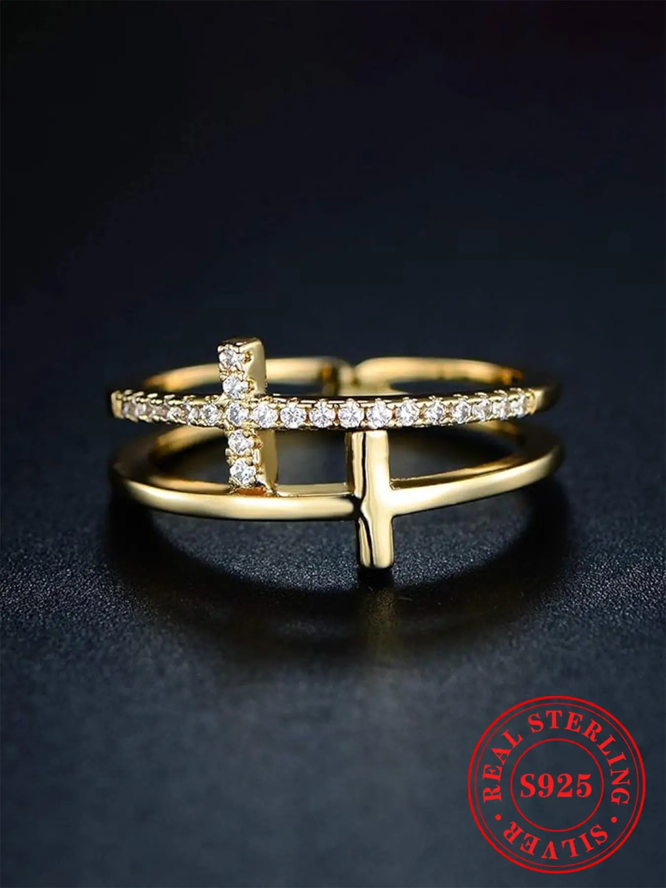 S925 Sterling Silver Fashion Cross Design Ring, Rhinestone Decor Ring for Women & Girls, Trendy All-match & Exquisite Jewelry for Birthday Gift