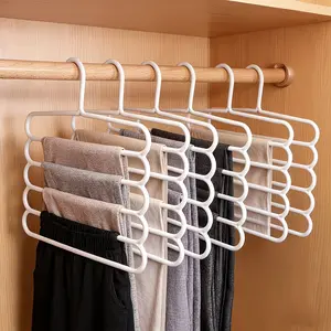 6pcs Set Space-Saving Wardrobe Storage Wizard - Heavy-Duty Five-Tier Plastic Trouser Hanger, Which Can Be Used to Hang Pants, Skirts, Scarves (Suitable for Home/ Luggage/ Dormitory)