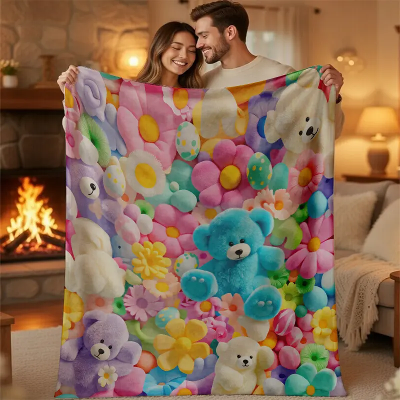 Teddy Bear Flannel Blanket - Fluffy, Elegant Floral, Colorful Kitty, Adorable Style, Cartoon Themed Soft Plush Throw for Easter Decor, Birthday Gifting, Fluffy Blankets, Colorful Kitty Blankets