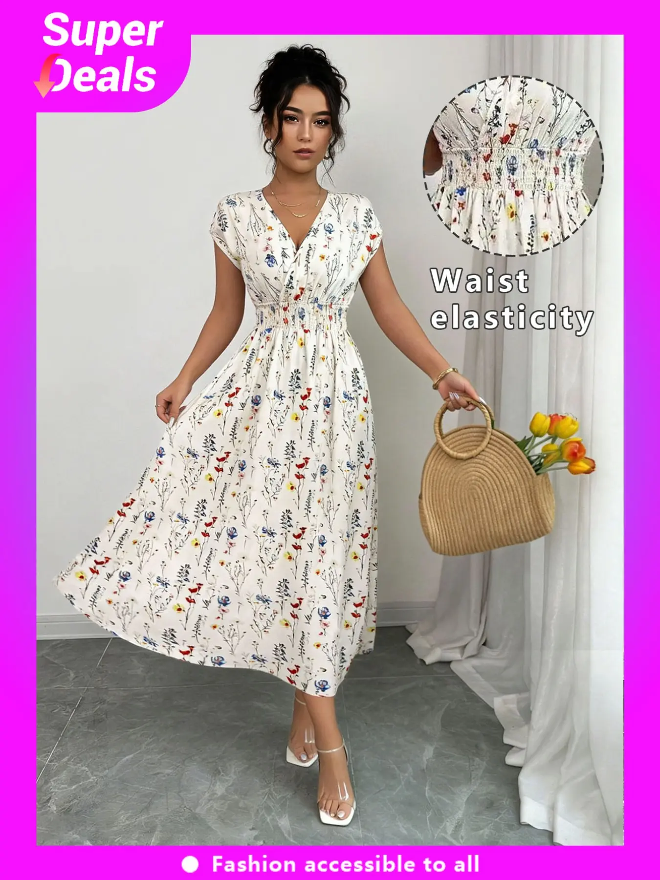 Women's Floral V-Neck Dress, Loose-Fitting Midi Skirt, Elegant Summer & Spring Wear, Perfect for Parties & Daily