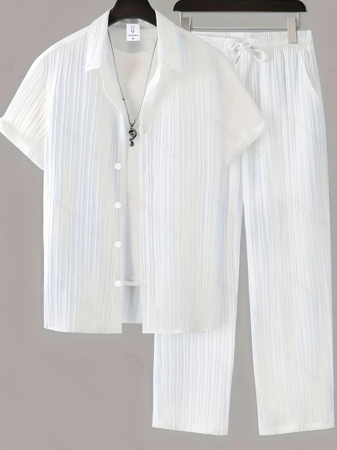 Men's Vertical Striped Pleated Short Sleeve Set, High-Quality Wrinkle Breathable Fabric, Comfortable Texture, Fashionable Casual Wear for Summer