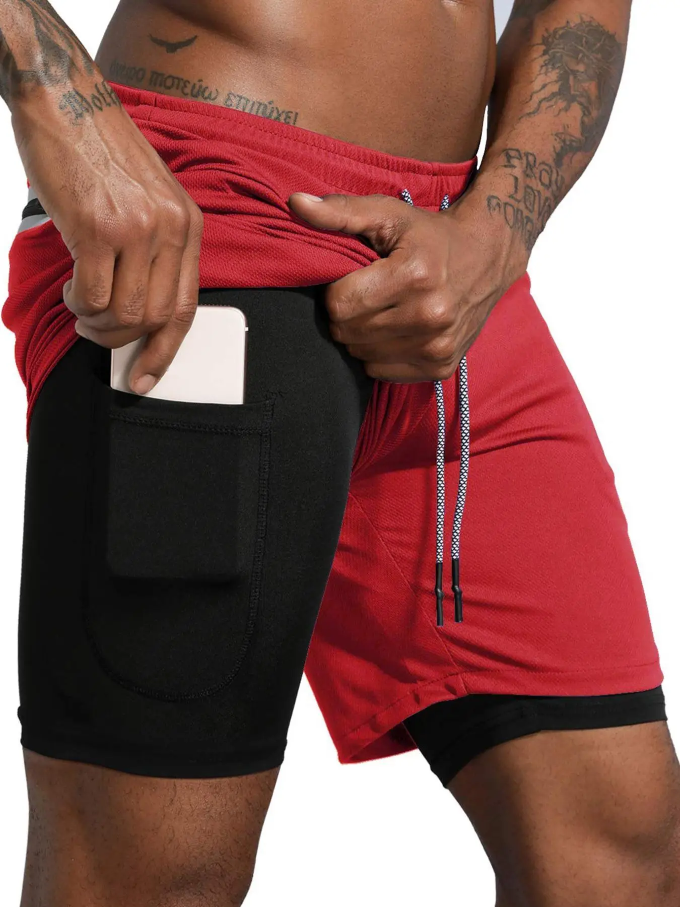 Men's 2 IN 1 Drawstring Pocket Sports Shorts, Slim Fit Sporty Mesh Breathable Shorts, Sports Bottoms for Gym Workout Running