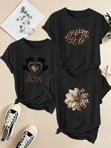 3-Pack Women's Vintage Leopard Print Short Sleeve T-Shirts, Round Neck Casual Sportswear, Soft Fabric, All Seasons