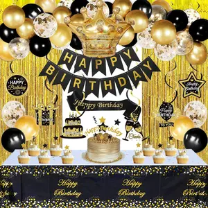 Black and Gold Birthday Decorations for Men Women, Black and Gold Party Decorations Include Crown Hanging Swirls Curtains Tablecloth Cake Toppers Banner