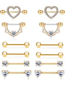 Sparkling 6 Pairs Golden Piercing Jewelry Set 14G Surgical Steel Nipple Rings for Women Men Sweet Heart CZ Tongue Barbell Lip Piercing Ring Septum Pierced Ring Septum Clicker Ring Body Piercing Shield Ring Set Body Piercing Kit
