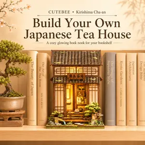 CUTEBEE Japanese Tea House Book Nook Kit with LED Light, DIY 3D Wooden Puzzle Miniature Dollhouse Bookshelf Insert Decor Gift for Adults Teens