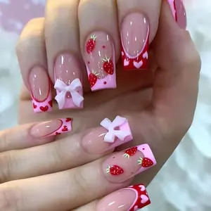 Press Nails Square Medium Fake Nails with Heart Bow Strawberry Designs Glossy Glue Nails Pink Red French Tip Acrylic Nails False Nails Stick Nails for Women 24Pcs