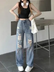 Women's Distressed Hemming Denim Jeans, Fashion Casual Destroyed Ripped Flare Leg Jeans for Daily Wear, Ladies Bottoms for All Seasons