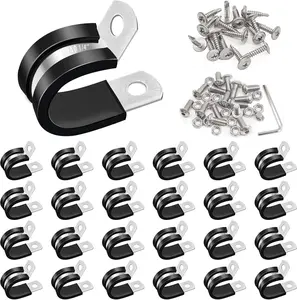 50PCS 1/4 Inch Cable Clamps 304 Stainless Steel Rubber Cushion Insulated Pipe Clamps,Loop Clamps,Wire Clamps