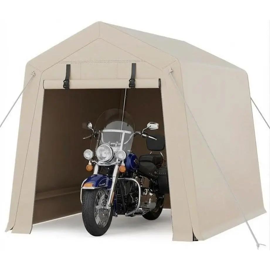 6FT x 8FT x 7FT Motorcycle Shelter - 200GPE Tarpaulin, Reinforced Steel Tube Frame, Front Door with Double Zippers & Screen Window, Top Fabric Integrated with Side Panel, Heavy-Duty Motorcycle
