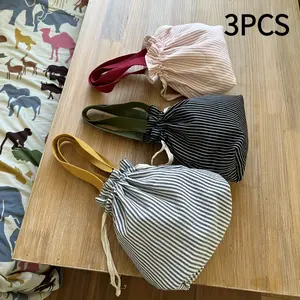 1/3pc Preppy Style Striped Drawstring Handbag for Students, Portable Polyester Casual Carryall with Unlined Interior, Fashion Travel Pouch for Cosmetics & Daily Accessories