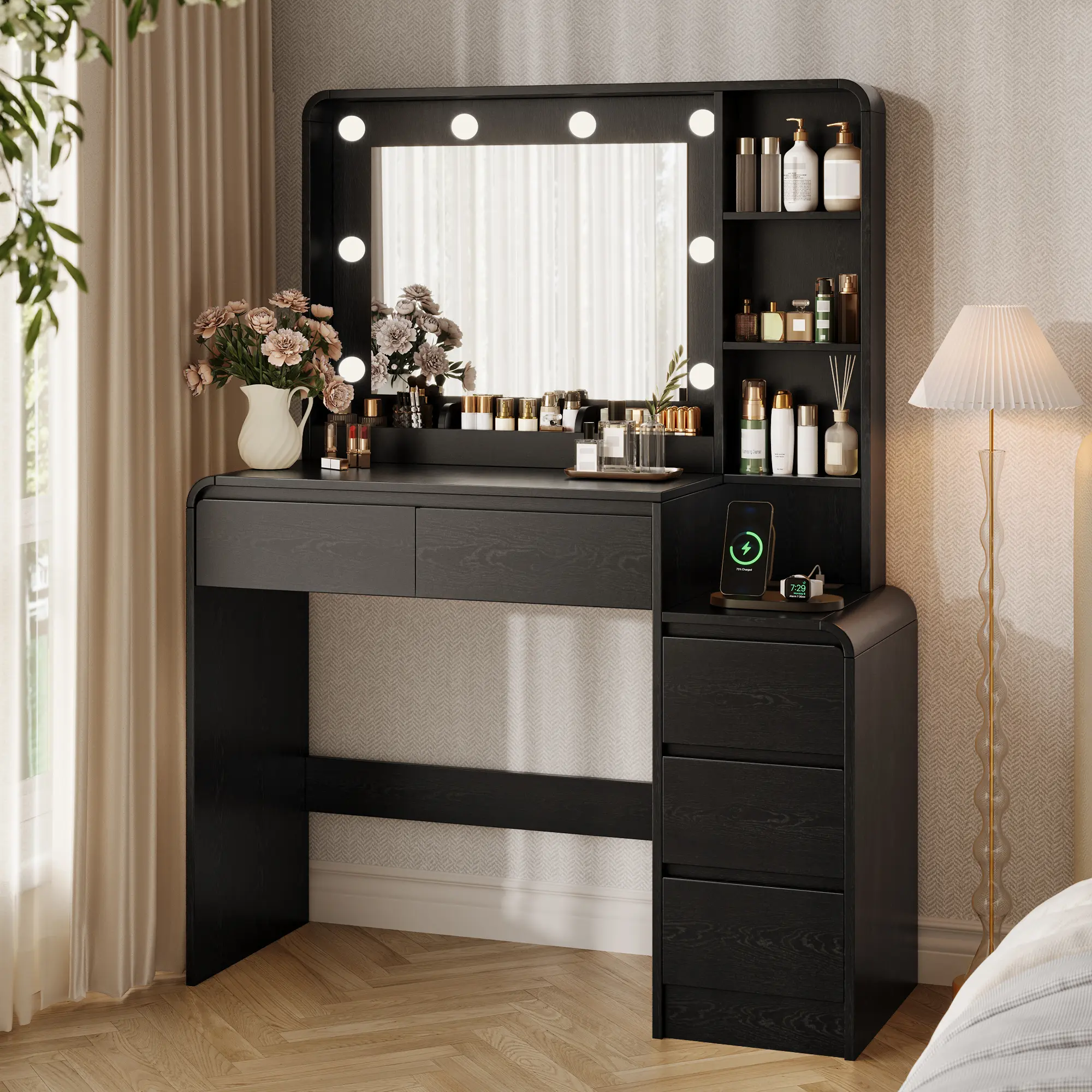 TOKSOM Modern Makeup Vanity Desk with 35.4"Tabletop,19.2"Lighted Mirror,5 Drawers,6 Open Storage Shelves,and Charging Station for Women-Bedroom Indoor Furniture