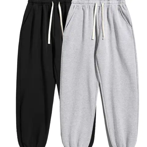 Men's 2-Pack Solid Polyester Fitness Pants - Full Length, Drawstring Waist, Sporty Chic Athleisure Bottoms for Training, Lounge Wear, Machine Washable Home Wear Activewear