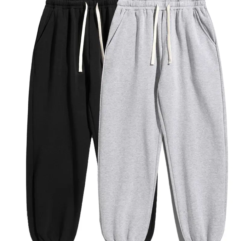 Men's 2-Pack Solid Polyester Fitness Pants - Full Length, Drawstring Waist, Sporty Chic Athleisure Bottoms for Training, Lounge Wear, Machine Washable Home Wear Activewear