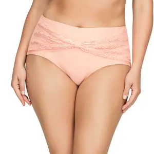 PARFAIT Keira S8075 High-Waist Bikini Bottom with Crochet Lace Panel Front Bow Detail Peach Microfiber Back Comfortable Fit