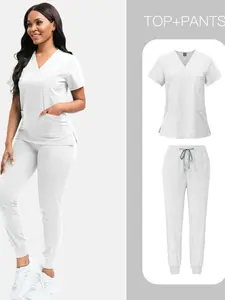 2 Pack Womens Stretch Fitted Vneck Scrub Tops, Ultra Soft Breathable Nursing Uniforms with Pockets for Salon Spa Workwear