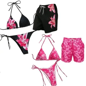 Cute Couples Matching Swimwear for Vacation Men's Floral Beach Shorts & Women's Sexy Bikini Set Contrasting Color Women's Surf Swimsuit