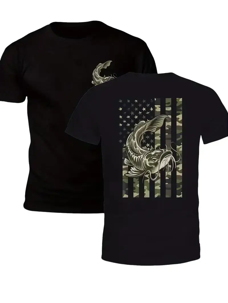 Men's Catfish Fishing T-Shirt with Patriotic American Flag Camo Graphic, Double-Sided 100% Cotton Short Sleeve Streetwear Top, Tshirt