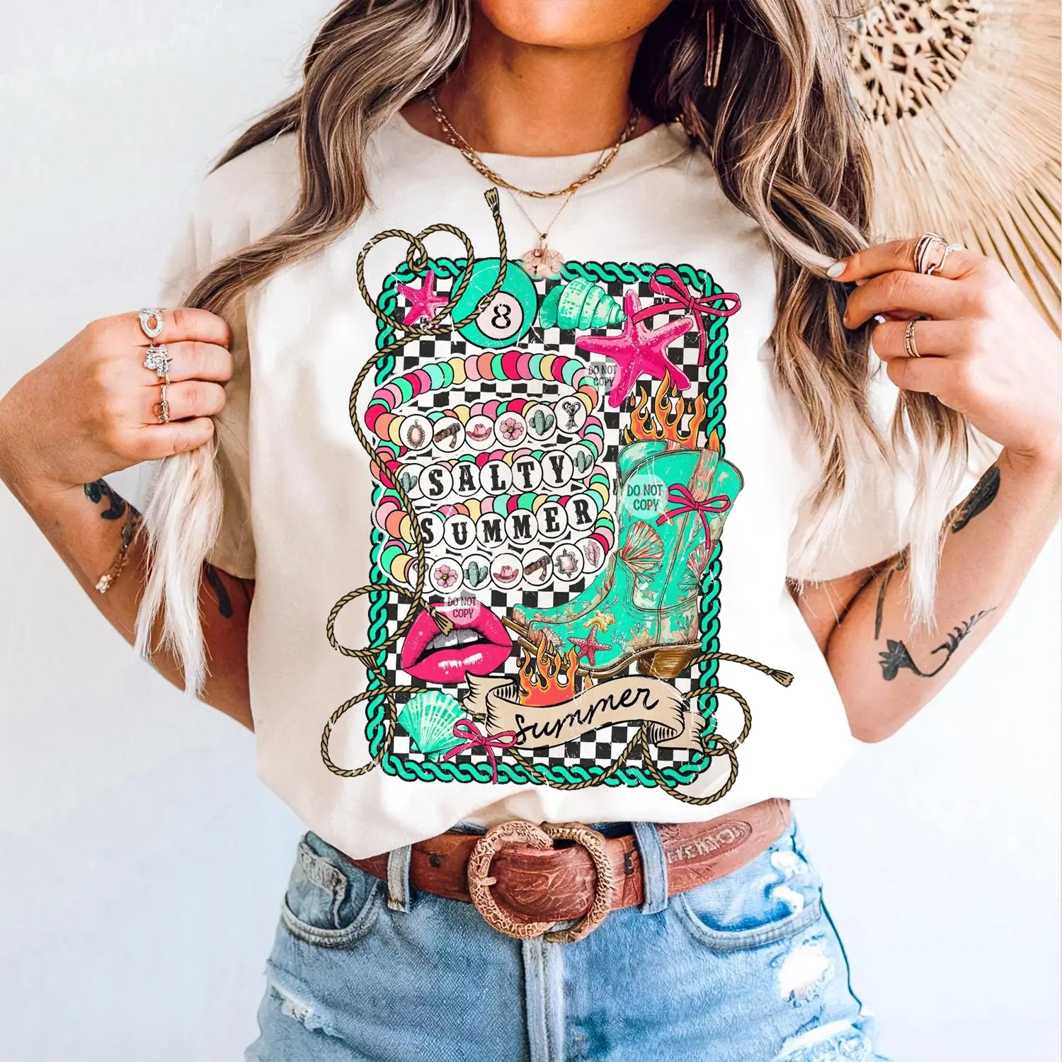 Lady's Fitted Short-Sleeve Cotton Casual Boho Printed Round Neck T-Shirt - Retro Checkered, Salty Summer Coastal Cowgirl Western Beach Top, Rodeo Turquoise Love-Infused Girly Shirt