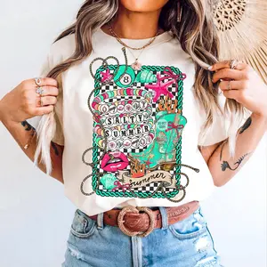 Retro Boho Checkered Salty Summer Bracelet Shirt, Coastal Cowgirl Western Beach Aesthetic Tee, Checkered Rodeo Turquoise Western Girly Summer Tee