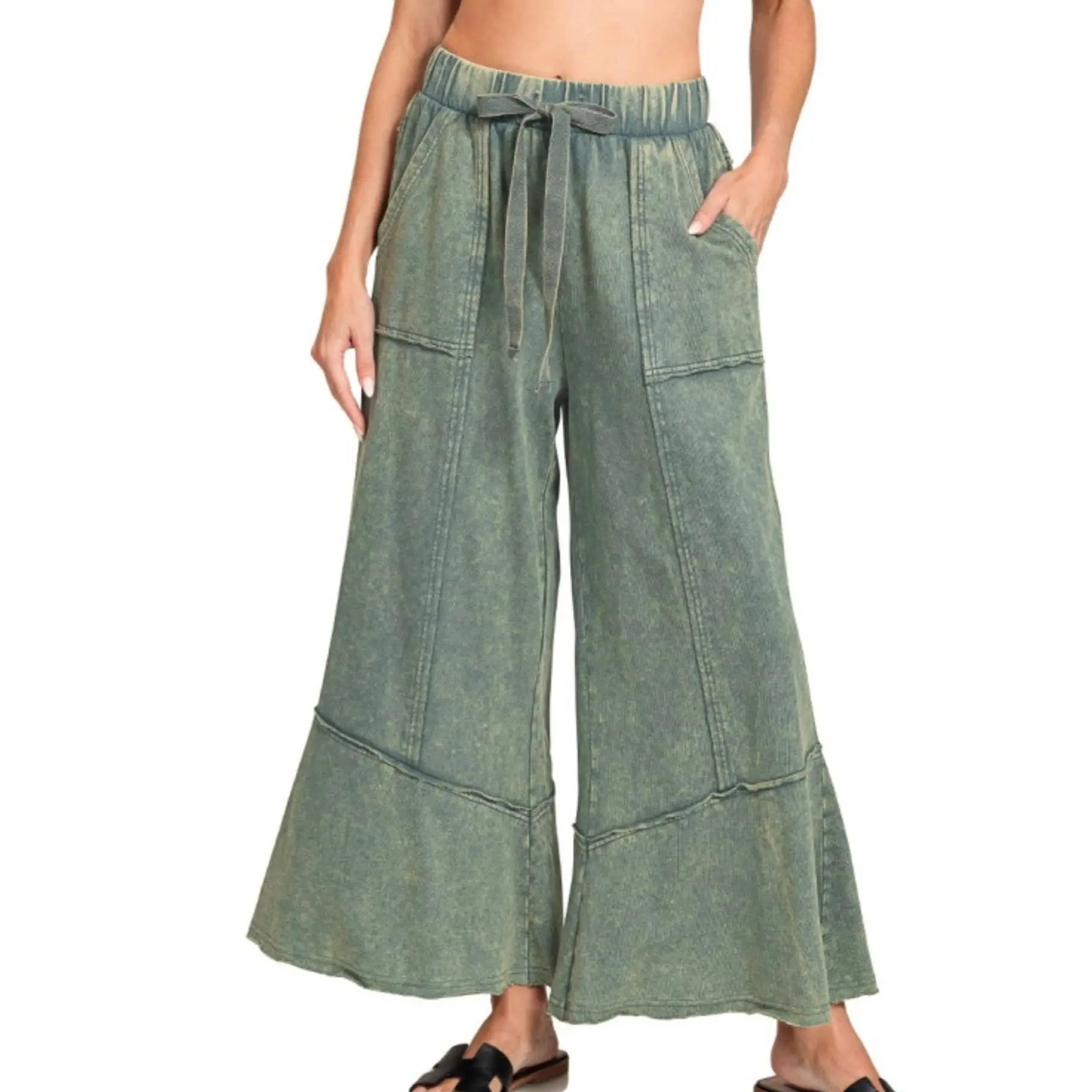 Zenana Exposed Seam Flare Hem Pants W/ Pockets