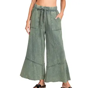 Zenana Exposed Seam Flare Hem Pants W/ Pockets