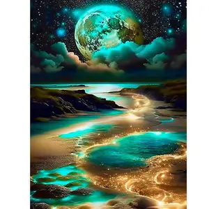 1pc 5D Diamond Painting Kit, Moon Starry Beach Night Scene, DIY Full Drill Embroidery Art, Home Wall Decor, Gift for Beginners