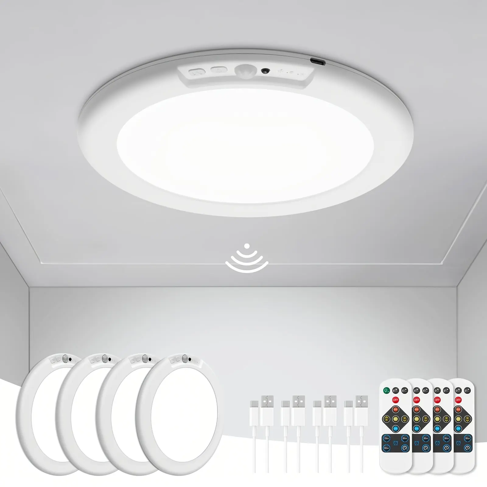 [USB Rechargeable Ceiling Light] USB Rechargeable Ceiling Light: Three Color Adjustable, Remote Control And Human Body Sensing Function; Non Perforated Magnetic Adjustable LED Light, Suitable for Storage Rooms, Sheds, Porches, Garages, And Stairwells
