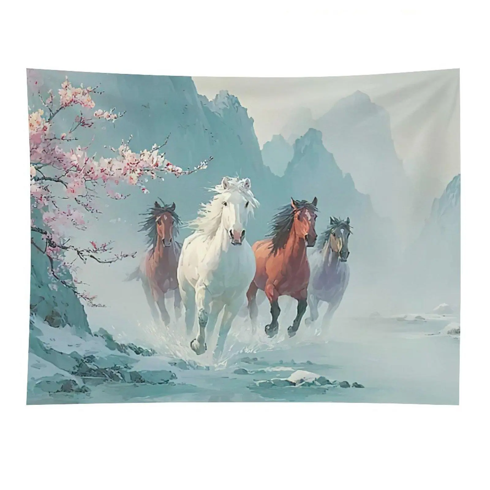 Running Horses Mountain Tapestry Cherry Blossom Landscape Wall Decor