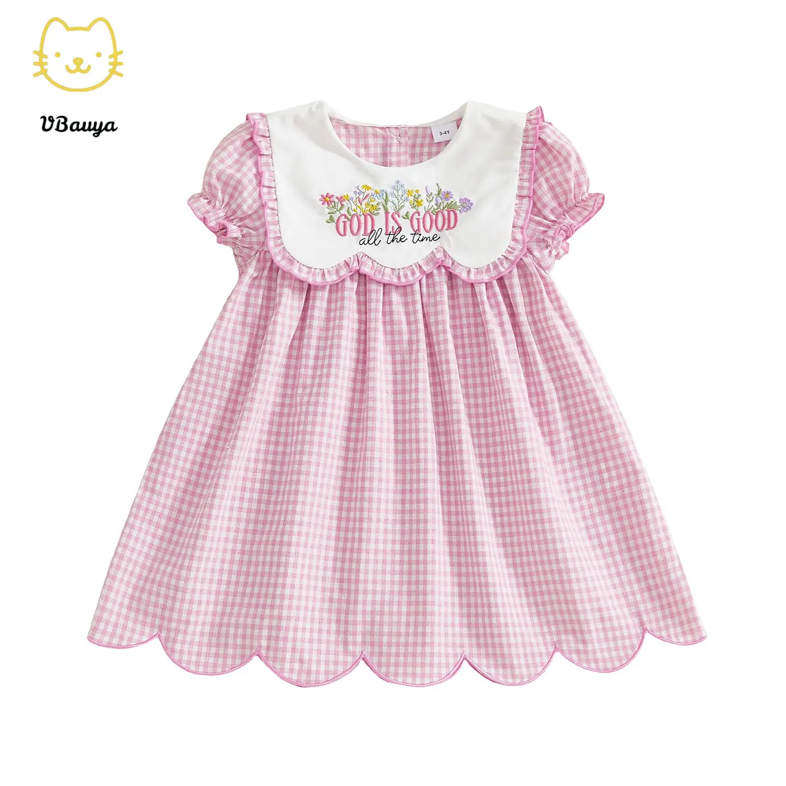 Baby Girl Summer A-Line Dress, Short Sleeve, Sailor Collar, Floral & Letter Embroidery, Toddler Outfit, Casual Toddler Dress with A-Line Cut, Floral Print Dress