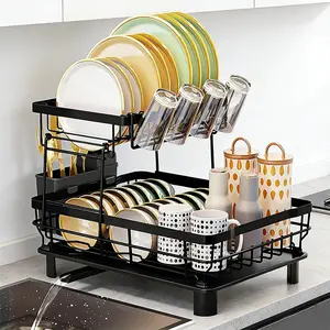 2 Tier Dish Drying Rack for Kitchen Counter Metal Dish Racks Drainers with Knife Cup Utensil Holder Organiser,Christmas