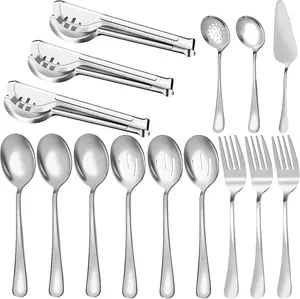 15 Packs Silver Serving Utensils, Stainless Steel Large Flatware Serving Tools Kit, Included Spoons, Forks, Tongs, Slotted Spoon, Ladle, Cake Server for Kitchen Catering Banquet Wedding Buffet Party