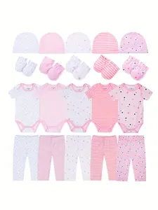 JY.COZY FOR BABY Baby Girl Boy Clothes Onesie Set 20 Pack 100% Organic Cotton 5 Bodysuits 5 Pants 5 Hats 5 Gloves Hypoallergenic Breathable Stretchy OEKO-TEX Certified for All Seasons Playdate Christening Photo Shoot