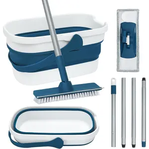 Collapsible Mop and Bucket Set with Scrub Mop and Flat Mop for Tile Laminate Hardwood Floor Cleaning, Foldable Bucket with Washable Microfiber Mop(Blue)