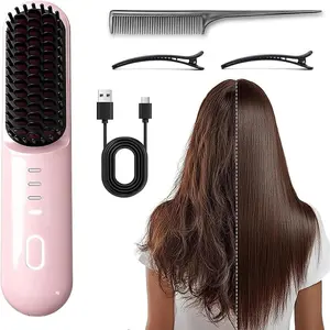 2026 Upgraded Go Brush - Pro for Short Hair - Cordless Straightening Brush with Fast Heat, 3 Temperature Settings, Ionic & Ceramic Care, USB-C Rechargeable for Frizz-Free Styling (Pink)