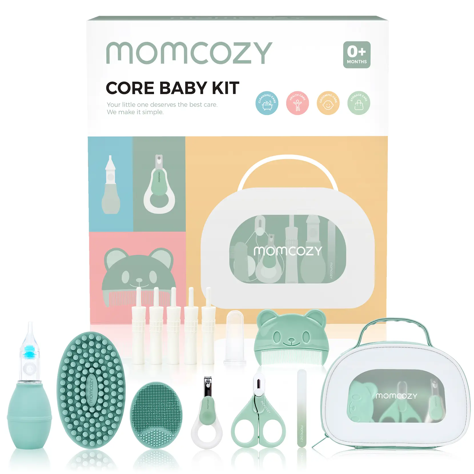 Momcozy Core Baby Kit, Baby Essential Kit for Grooming & Health & Cleansing Care, Includes Nail File Kits, Nasal Aspirator, Gas Relief Tubes, Bath Bru