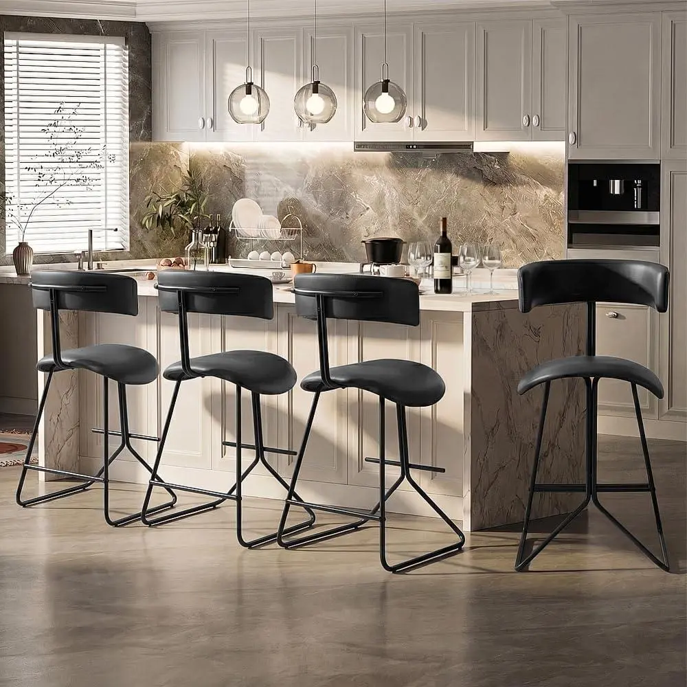 Gaomon 4-Seat Armless Faux Leather Counter Height Bar Stools Set - Ergonomic Back, Metal Legs, Modern Indoor Furniture, Easy Assembly, for Kitchen Island Home Bar, Black