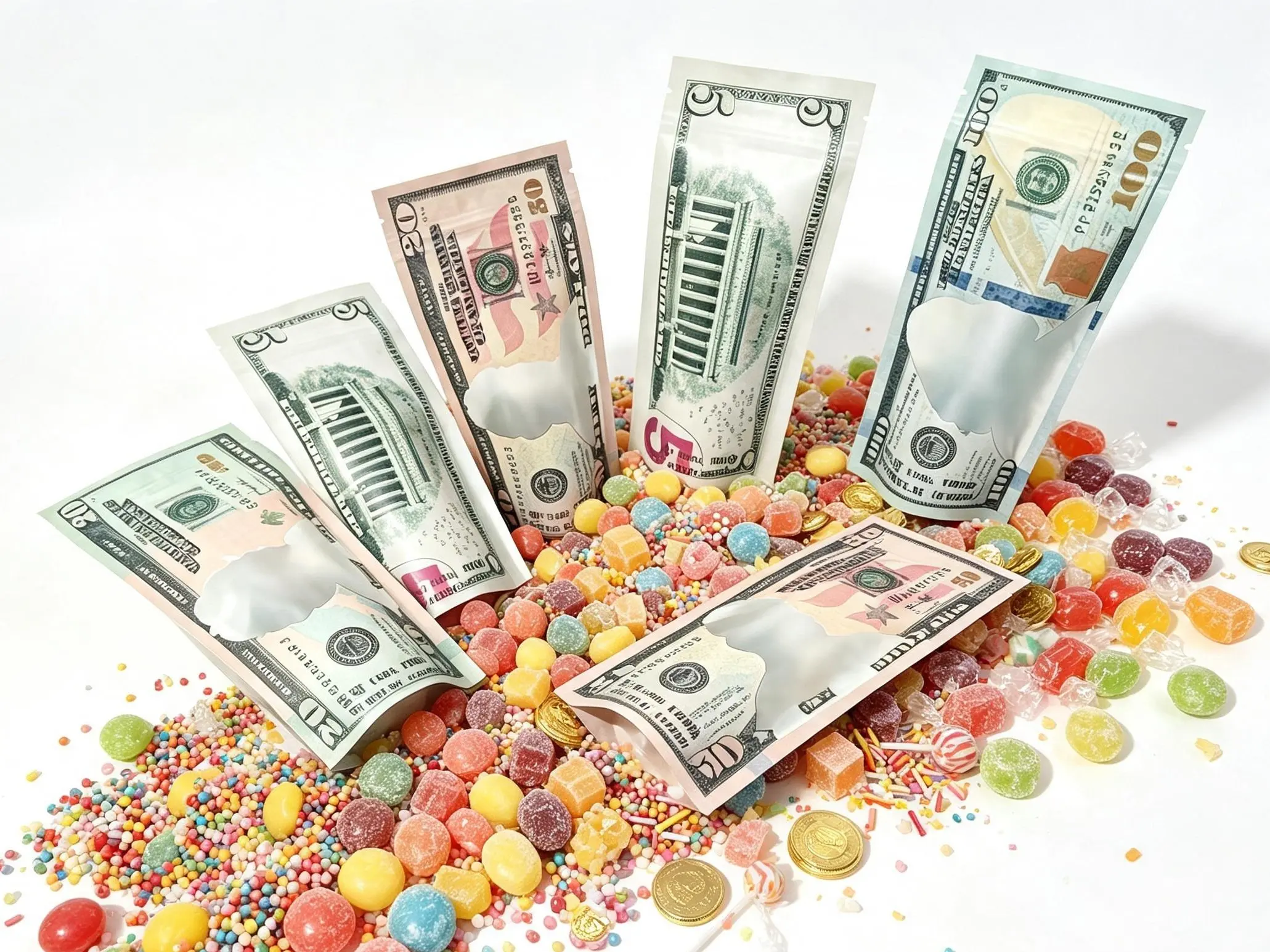 100/200 Pack US Dollar Bill Shape Mylar Bags, 3D Laser Printed Candy Gift Pouches, Reusable Decorative Bags for Birthday Holiday Party Favors & Snack Packaging Supplies
