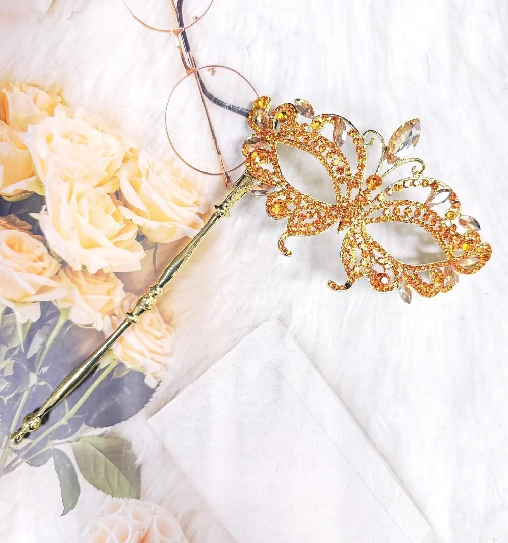 Adult Comfortable Crystal Venetian Masquerade Mask with Waterproof Alloy Metal Stick Handle - Theatrical Eye Mask for Wedding, Halloween Festive & Party Supplies Accessories