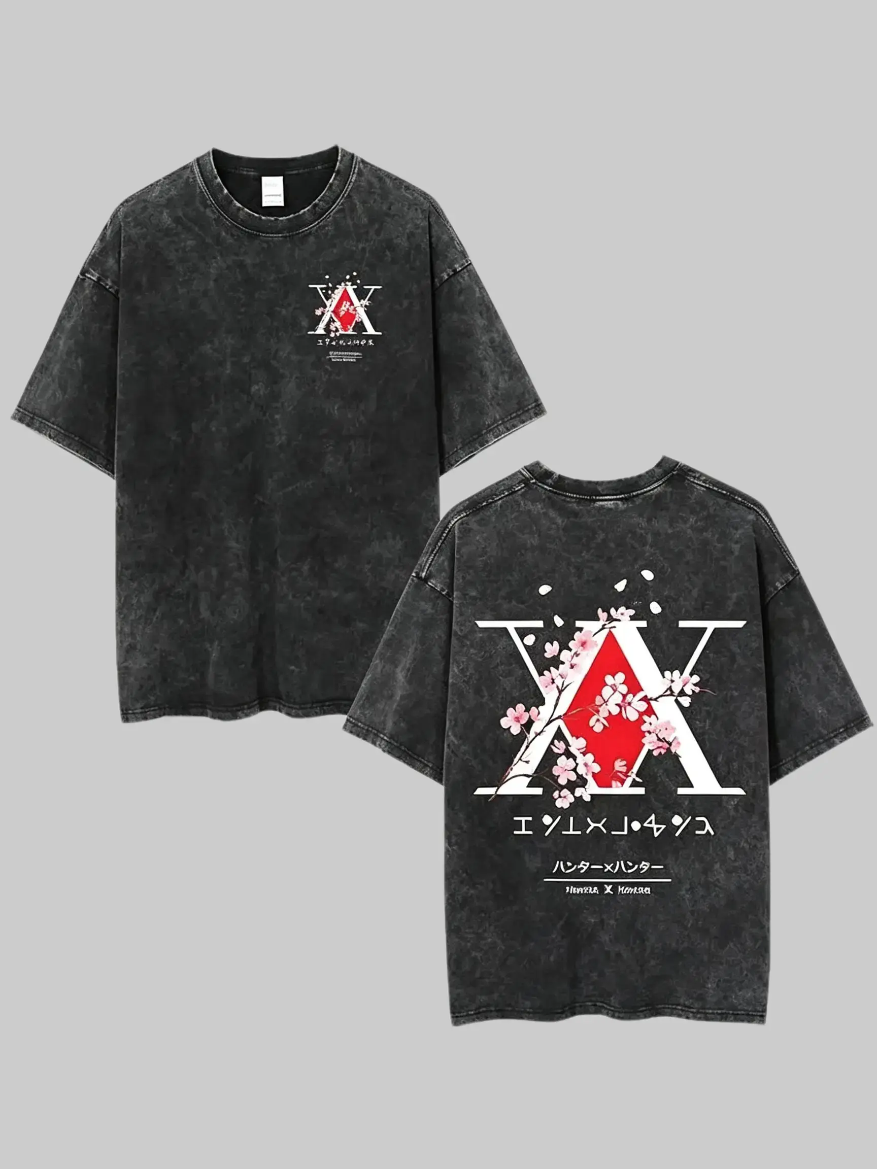 Vintage Washed Graphic T-Shirt for Men, Hunter x Hunter Character Art, Oversized Short Sleeve Heavyweight Cotton Streetwear, Shortsleeve