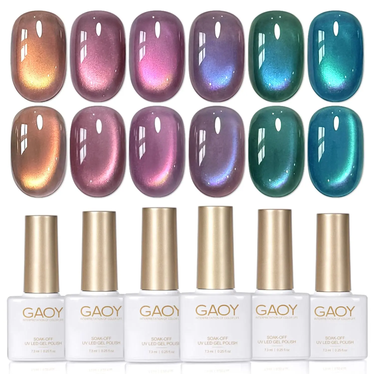 GAOY Glitter Cat Eye Gel Nail Polish 6 Colors with Magnet, Aurora Borealis | UV Lamp Required, Blue Purple, Colorful Galaxy Holographic, Nail Art DIY at Home, Salon Gel Manicure Pedicure, Gift for Women