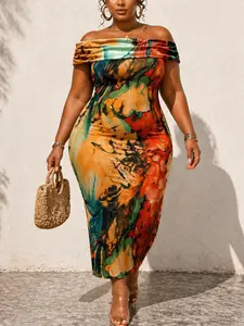 Women's Plus Size Abstract Print One-Shoulder Asymmetrical Long Dress, Bodycon Pleated Neckline, Perfect for Summer Vacation, Party, Streetwear, Casual